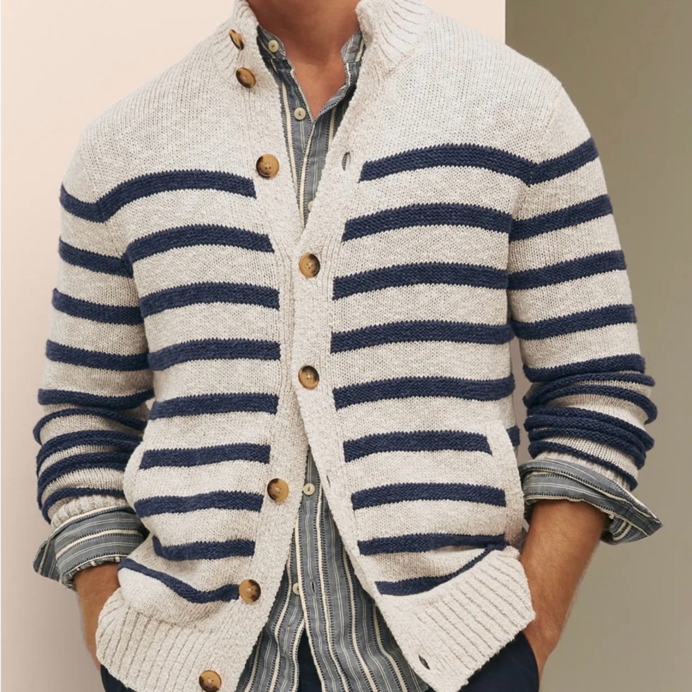 Brooks Brothers Men's 1818 Cardigan Blue and Cream Stripes Linen and Cotton.